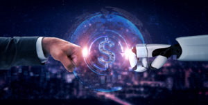 Robot and hand fist pump for Artificial Intelligence Disruption blog with machine learning dollar sign Stableford Capital