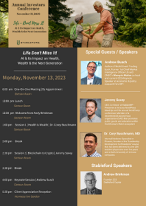 A gray and brown PDF flyer with the schedule for Stableford Capital's November 2023 Investor's Conference