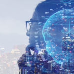 silhouetted image of woman with glasses overlaid with technology maps and graphs